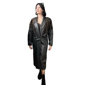 Vintage 80’s Avanti Black Leather Duster Trench Coat Copper Embossed Suede